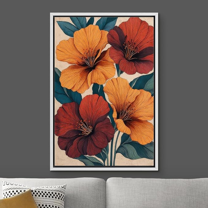 Woodrose Framed Canvas Print Wall Art Vibrant Hibiscus Floral Botanical Illustrations Modern Art Minimalist 3D Colorful Ultra for Living Room, Bedroom, Office - 24"x36" WHITE