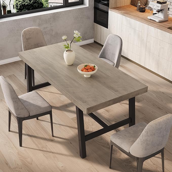 GarveeHome Industrial Dining Table for 4-6 People, 63" Long Wooden Kitchen Table with Sturdy Metal Frame & Grey Finish - Seats 4 Rectangular Counter for Dinner, Kitchen, Dining Room - Grey