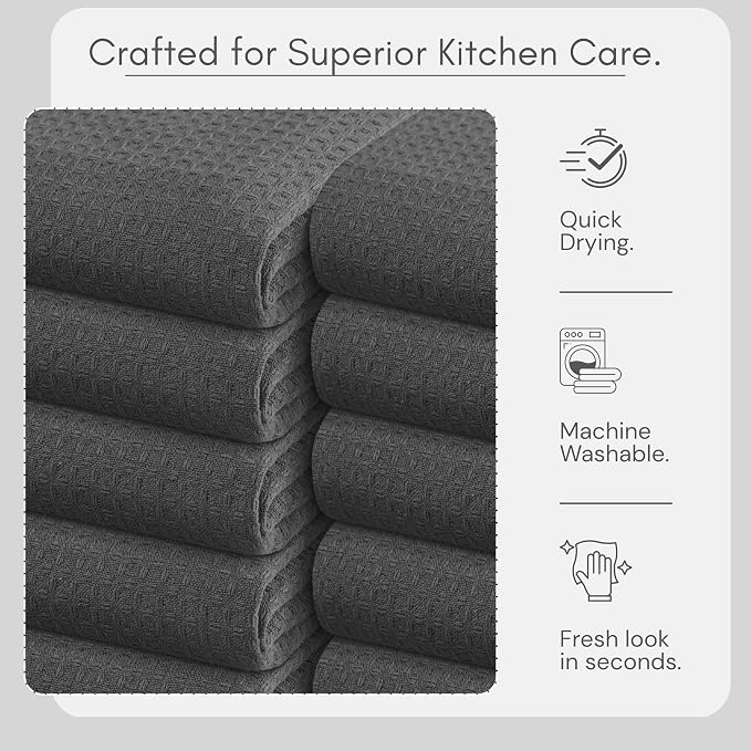 TWINY threads Kitchen Towels Set of 12, 100% Soft Cotton Waffle Weave Dish Towels, Tea Towels with Hanging Loop, Resuable Bar Towels for Table Cleaning, Dinning, Parties- 16"X 26" - Grey