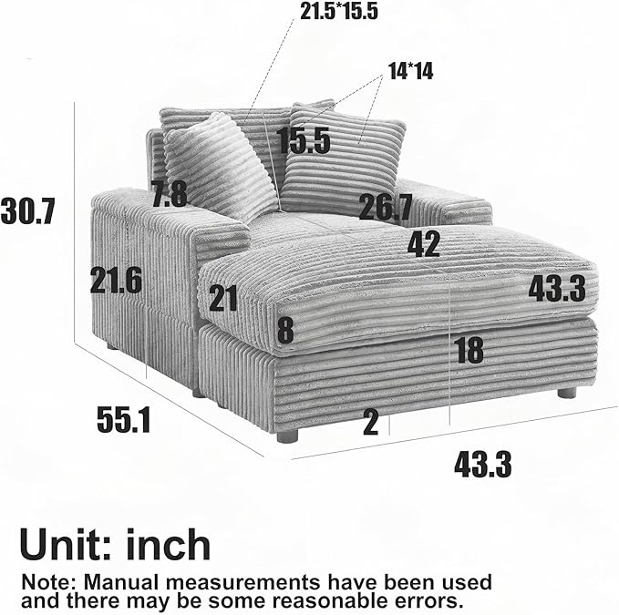 Eafurn 43.3" Oversized Accent Chaise Lounge Chair with Ottoman, Modern Corduroy Upholstered Convertible Recliner Armchair Sleeper Lounge Chair with Wood Frame for Living Room Apartment