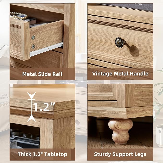 24" Wide Farmhouse Night Stand Set of 2,Large End Table with 2 Drawers & Metal Handle,Natural Wood Dresser for Bedroom, Bed Side Table Chest of Drawers Cabinet, Nightstand for Living Room