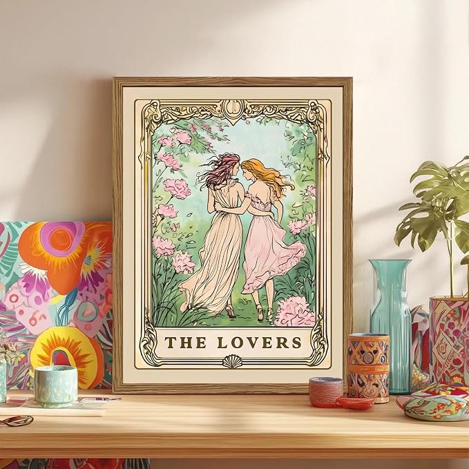 Trendy The Lovers Tarot Card Wall Art Vintage Girl Wall Decor Painting, Mid Century Couples Poster Canvas Print Picture for Living Room Bedroom 16x24 inch Wood Framed