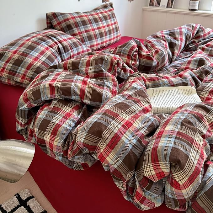 mixinni Vintage Red & Brown Buffalo Plaid Duvet Cover Set Twin XL Size - 3 Piece Washed Cotton Bedding Set with Classic Checkered Pattern, Cozy Farmhouse Duvet Cover with Pillowcases for All Seasons