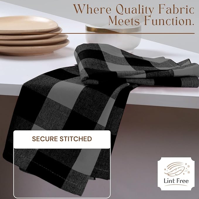 12 Pack Light Grey and Black Buffalo Check Kitchen Towels, 16"x26", Plaid Dish Towels, Absorbent Cotton Cloths for Drying Hands, Cleaning Spills, Farmhouse Kitchen Décor, Holiday