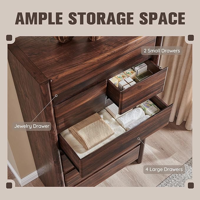 Modern 7 Drawers Dresser for Bedroom, 54.7" Tall Large Dresser & Chests of Drawers w/Rounded Corner, Wood Handleless Organizer Dresser w/Natural Texture for Bedroom, Living Room-Brown