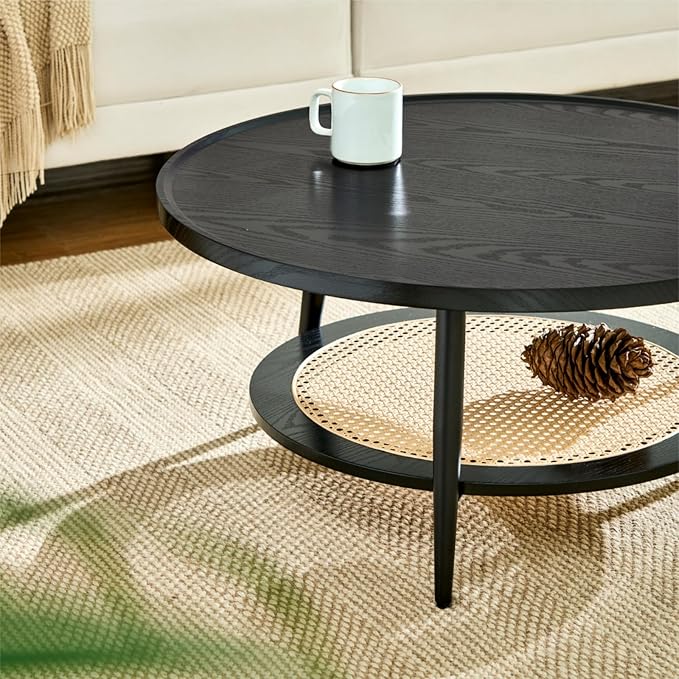 Saint Mossi Wood and Rattan Coffee Table for Living Room, Mid Century Modern Round Coffee Table, 2-Tier Boho Center Table for Small Space, Black Wood and Rattan Top, W31xH15