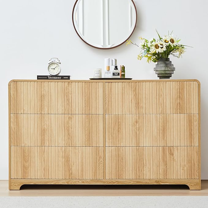 BERRYMERRY Fluted 6 Drawers Dresser for Bedroom, 53" Wide Chest of Drawer with Rounded Edge,Mid Century Modern Large Double Wood Dresser for Living Room Bedroom