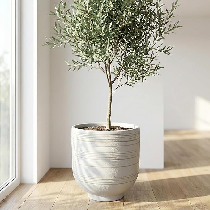 Large White Ceramic Planter for Indoor Trees, Modern Indoor Floor Planter Pot for Olive Trees & Faux Olive Trees, Pottery Planter with Drainage for Real Plants