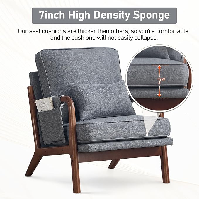 ANJ Mid Century Modern Accent Chair Set of 2, Lounge Reading Armchair with Extra Side Pocket & Detachable Cushion, Comfy Fabric Accent Chairs for Living Room, Bedroom, Grey