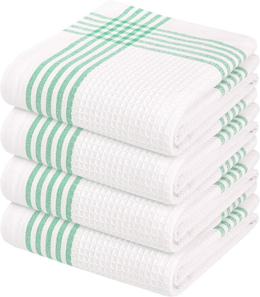 Waffle White & Dark Green Kitchen Towels 4 Pack, 100% Cotton, 16x26 inches, Super Absorbent Tea Towel for Drying Dishes, Quick Drying Kitchen Cloth Set for Daily Cooking, Cleaning