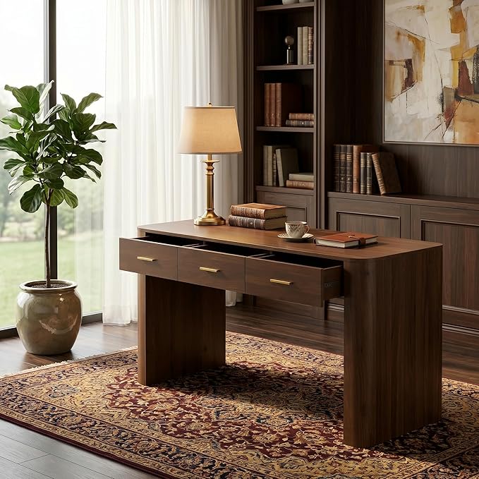 Merax Modern Minimalist Computer Desk with 3 Storage Drawers, 58.3" Wood Computer Desk with Rounded Edges & Reinforced Legs, Large Home Writing Desk for Bedroom, Dark Walnut