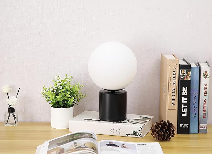 11 Inch Modern Mid Century Black Globe Table Lamp,Round Bedside Nightstand Lamp with White Glass Shade Metal Base Desk Lamp for Bedroom Living Room End Table,Bulb Included