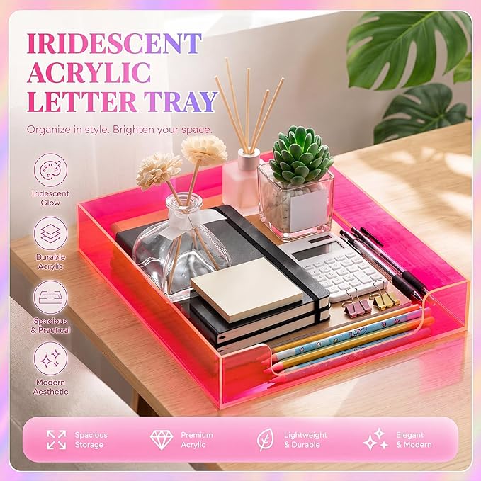 Maxcheck 2 Pcs 12.6 x 10.2 x 2.1'' Acrylic Letter Tray Organizer Stackable Desk Paper Tray with Non Slip Rubber for Office Accessories Desk File Document Folder (Neon Pink)