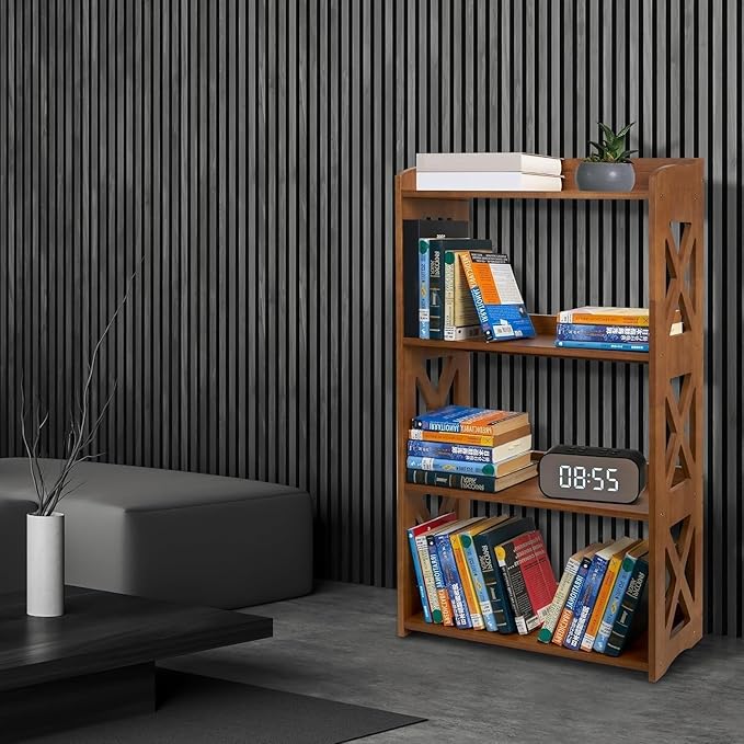 4 Tier Bookshelf, Wood Bookshelf with Open Shelves, Narrow Bookshelf Freestanding Storage Organizer, 4 Shelf Bookcase Small Bookshelf Display Brown Bookcase for Living Room Bedroom Office