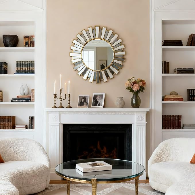 SHYFOY 23.6" Gold Sunburst Wall Mirror, Round Beveled Decorative Mirror with Layered Metal Frame, Glam Luxury Accent Wall Mirror for Living Room, Entryway & Bedroom