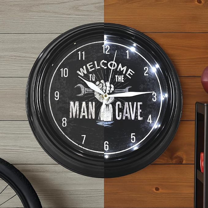 American Art Decor Welcome to The Man Cave LED Clock - 12" Wall Mounted Modern Mechanic Wall Decor - Wall Clock for Living Room, Dorm, Mancave, Garage, Office, Game Room (Black/White)