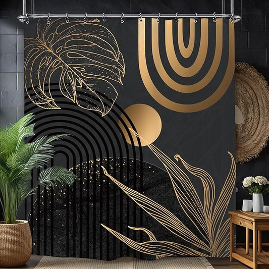 Yookeb Abstract Black Gold Minimalist Bathroom Shower Curtain 60W by 71H Inch Aesthetic Modern Contemporary Leaves Mid Century Neutral 12 Plastic Hooks Waterproof Decor
