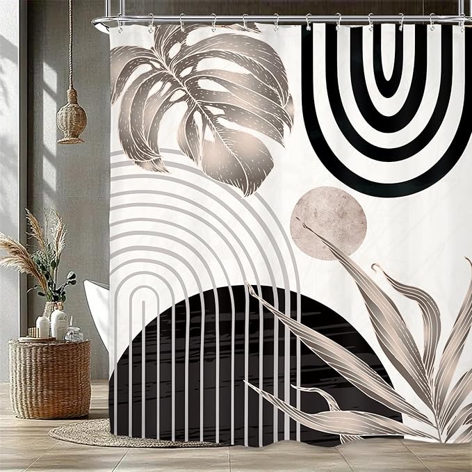 Miyotaa Abstract Black Tan Shower Curtain Set 60Wx71H Inches Modern Plant Geometric Minimalist Aesthetic Mid Century Leaves Contemporary Neutral Waterproof Bathroom Curtain with 12 Hooks