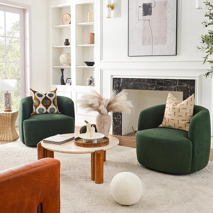 KINWELL 34" Wide Boucle Swivel Barrel Chairs Set of 2, No Assembly Round Upholstered Armchairs Accent Chairs Single Sofa Chair with Toss Pillow for Living Room and Bedroom, Green