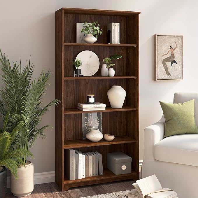 Bush Furniture Tall 5 Shelf Bookcase, Large Open Bookshelf, Sturdy Display Cabinet for Living Room or Home Office, Cabot Collection, Modern Walnut