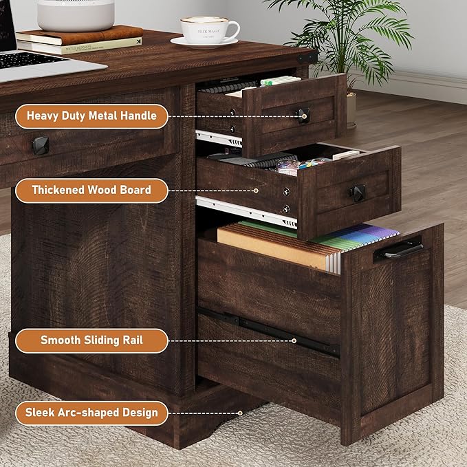 Squireewo 58'' Farmhouse Home Office Desk with Drawers, Wooden Executive Desk with Charging Station, File Drawers and Storage Cabinet, Computer Desk for Work, Study and Writing, Brown
