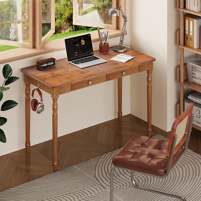 Vintage Solid Wood Writing Desk - 47.2" Mid Century Modern Desk with 2 Drawers, Wooden Computer Desks for Home Office, Large Secretary Desks, Traditional Vanity Dressing Table for Bedroom, Walnut