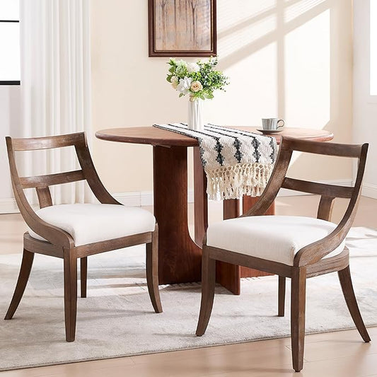 Modern Farmhouse Dining Chairs Set of 2 Mid Century Upholstered Dining Chair with Wooden Curved Back Kitchen Chairs for Dining Room Restaurant Cafe, Brown Walnut Colored-Linen Beige