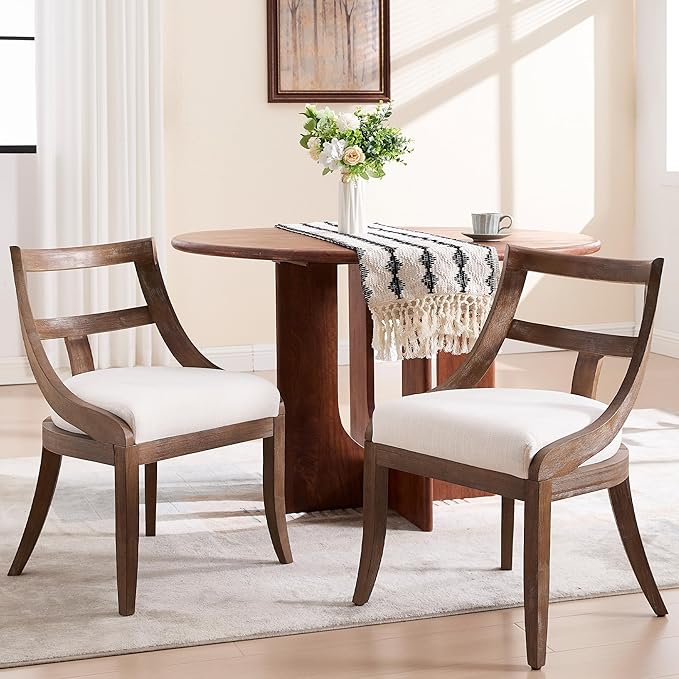 Modern Farmhouse Dining Chairs Set of 4 Mid Century Upholstered Dining Chair with Wooden Curved Back Kitchen Chairs for Dining Room Restaurant Cafe, Brown Walnut Colored-Linen Beige