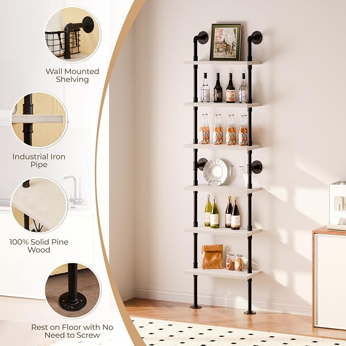Industrial Ladder Pipe Shelves, Wall Mounted Wood Metal Rustic Bookshelf for Living Room (White, 6 Tier - 10" D x 24" W x 82.5" H)