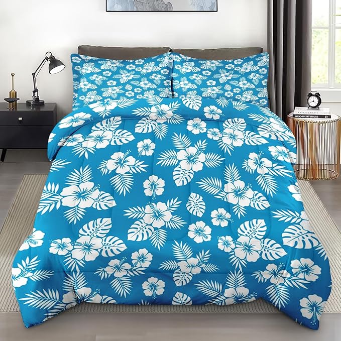 Pamnest Comforter Set Queen Size, Blue Hawaiian Flower Soft 3 Pcs Bedding for Kids and Adults, Hibiscus Beach Surf Comforter Set with 2 Pillowcases for Bedroom Bed Decor
