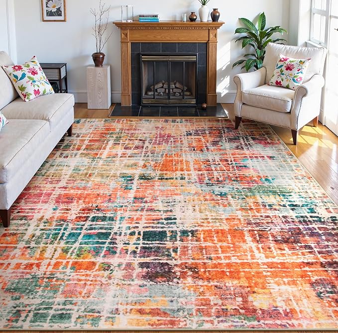 Beeiva Abstract Washable Rugs for Living Room 9x12, Modern Non Slip Area Rug, Ultra Thin Foldable Soft Carpet for Bedroom Dining Room Playroom Office - Multicolor
