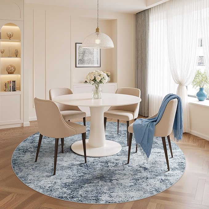 WITSHOCK 8ft Round Area Rug for Living Room: 8x8 Washable Neutral Modern Abstract Soft Thin Rug Indoor Floor No Slip Rug Carpet for Bedroom Under Dining Table Home Office Decor (Blue)