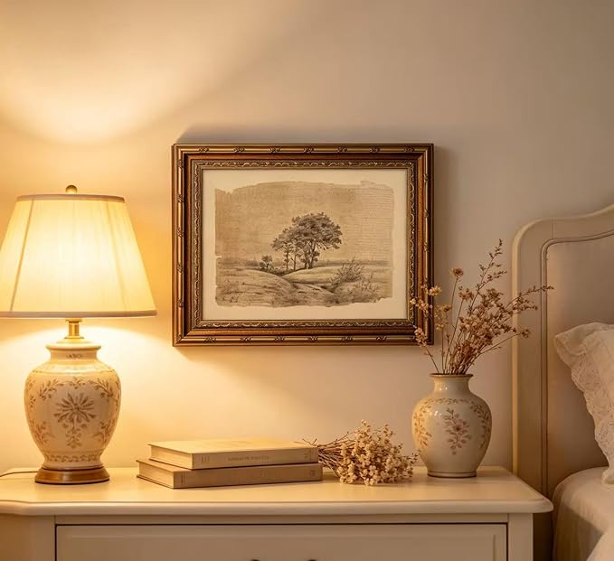 Vintage Gold Framed Sepia Country Landscape Sketch Wall Art, Rustic Tree Grove Canvas Prints, Antique Rural Path Drawing Poster Artwork for Modern Farmhouse Living Room Office Wall Decor，12x16in
