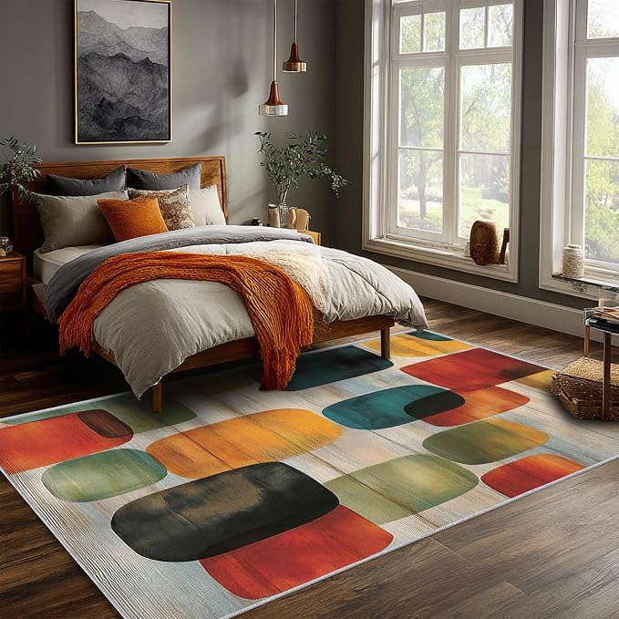 Mid-Century Geometric Area Rug 8x8 ft, Retro Color Block Abstract Statement Rug, Low Pile Non-Slip Washable Indoor Rug for Living Room Bedroom