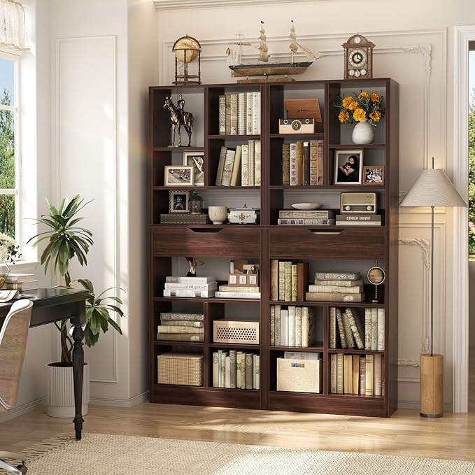 Armocity 8-Tier Tall Bookshelf with Drawer, 73.6" Narrow Freestanding Bookcase, Space-Saving Wood Display Shelves Storage for Living Room, Home Office Bedroom, Black Walnut