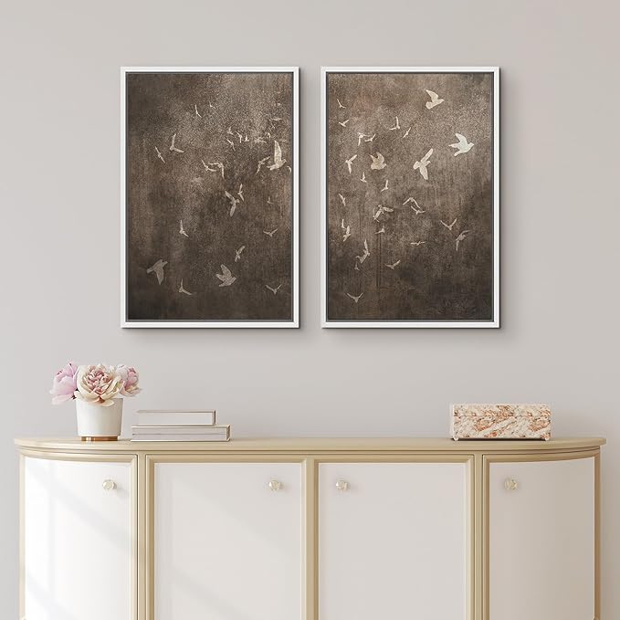 IDEA4WALL Framed Canvas Print Wall Art Set Flying Birds Silhouette Rustic Neutral Tone Abstract Illustrations Modern Art Decorative Calm/Zen for Living Room, Bedroom, Office - 24"x36"x2 White
