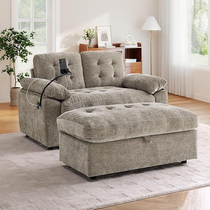 Oversized Chaise Lounge Chair Indoor with Ottoman&Adjustable Backrest,Chenille Tufted Recliner Comfy Loveseat Sofa Chair with USB&Phone Holder,Convertible Sleeper Couch Bed for Living Room(56"W,Brown)