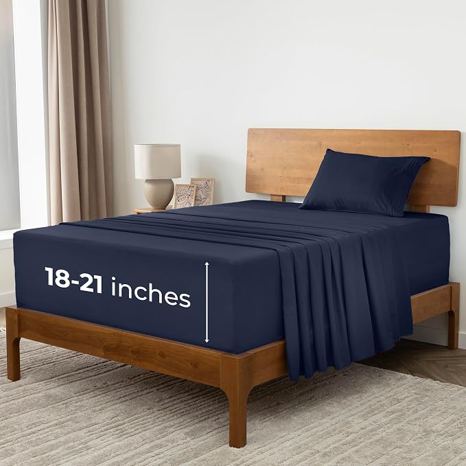 Mellanni Extra Deep Twin Sheets - 3 PC Iconic Collection Bedding - Hotel Luxury, Ultra Soft, Cooling Bed Sheets - Wrinkle, Fade, Stain Resistant (Twin, Navy Blue)