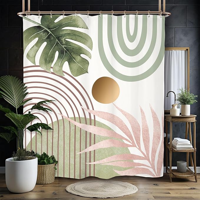 Miyotaa Pink Green Abstract Minimalist Shower Curtain Set 60Wx71H Inches Aesthetic Modern Mid Century Contemporary Plant Leaves Monstera Geometric Waterproof Bathroom Curtain with 12 Hooks