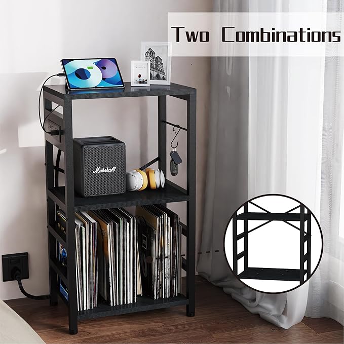YAKANJ End Table with LED Light,Record Player Stand with Charging Station,Vinyl Records Storage,Turntable Stand Albums Storage for Music Room Studio-Industry Black