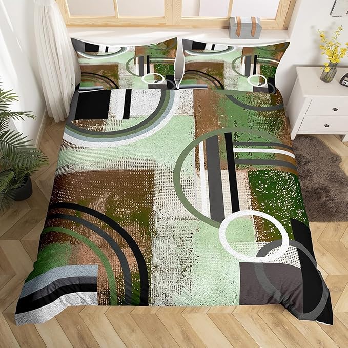 Erosebridal Mint Green Brown Gray Comforter Cover,Circles Duvet Cover for Kids Teens Adult,Gurnge Oil Painting Bedding,Geometric Quilt Cover,Abstract Striped Lines Bed Cover with 2 Pillow Cases,King