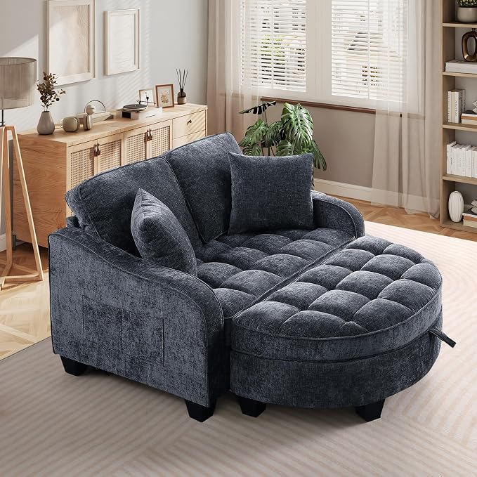 Oversized Chaise Lounge Chair Indoor with Ottoman, Chenille Tufted Comfy Loveseat Sofa Chair with Adjustable Backrest, Fluffy Recliner Sofa, Convertible Sleeper Couch Bed for Living Room(51"W, Black)