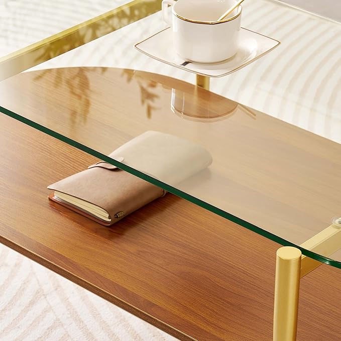LumFurn Oval Glass Coffee Table, Mid-Century Modern Design, L41 x W21 x H17 inch, for Living Room, 2-Tier Structure, Clear Glass Top and Walnut Finish Wood Shelf, Conical Legs with Gold Finish Frame