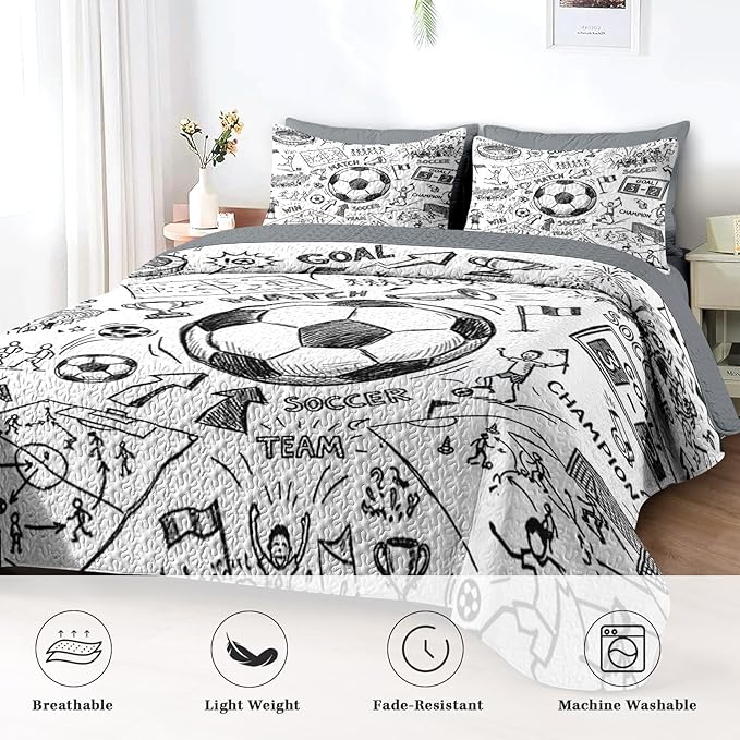 Pamnest Quilt Set Full/Queen Size, Game Soccer Painting 3 Pcs Soft Bed Cover Bedding Set for Kids and Adults, Football Ball Cup Sport Lightweight Bedspread Coverlet with Pillow Sham for All Season