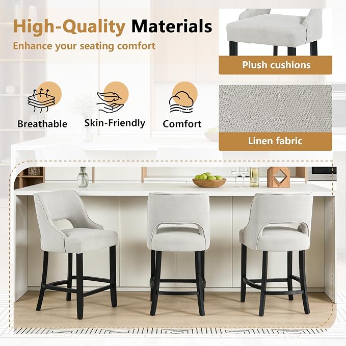 ClinQ Bar Stools Set of 2, 26" H Counter Height Bar Stools with Backs, Modern Upholstered Accent Barstools with Curved Footrest for Kitchen Island, Dining Room and Bar, Grey-Black Legs