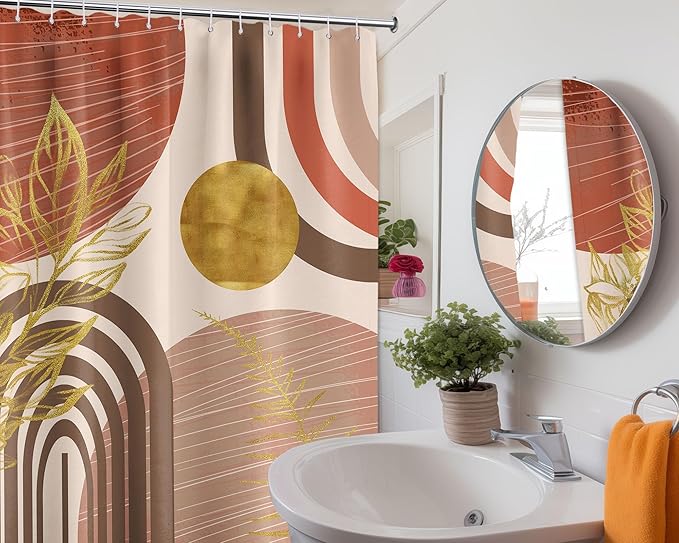Boho Mid Century Modern Shower Curtain Bohemian MCM Shower Curtains for Bathroom Decor Sets, Waterproof Fabric with Hooks 70x96in