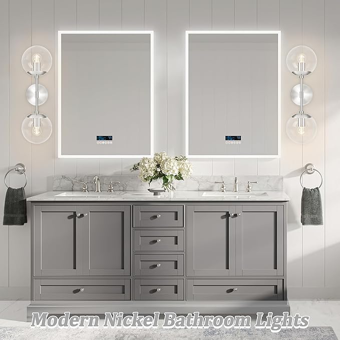 KoKo&Yukina Nickel 2 Light Vanity Light Fixtures Mid Century Modern Bathroom Vanity Light Globe Sconce with Clear Glass for Bathroom Bedroom