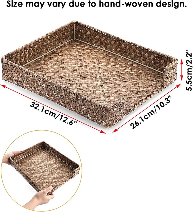 BTSKY Multipurpose A4 File Tray Natural Seagrass Desk Tray Organizer Woven Letter Size Desk Documents Trays Magazine Files Storage Basket Organizer Bin for Office Cosmetics Bathroom, Coffee