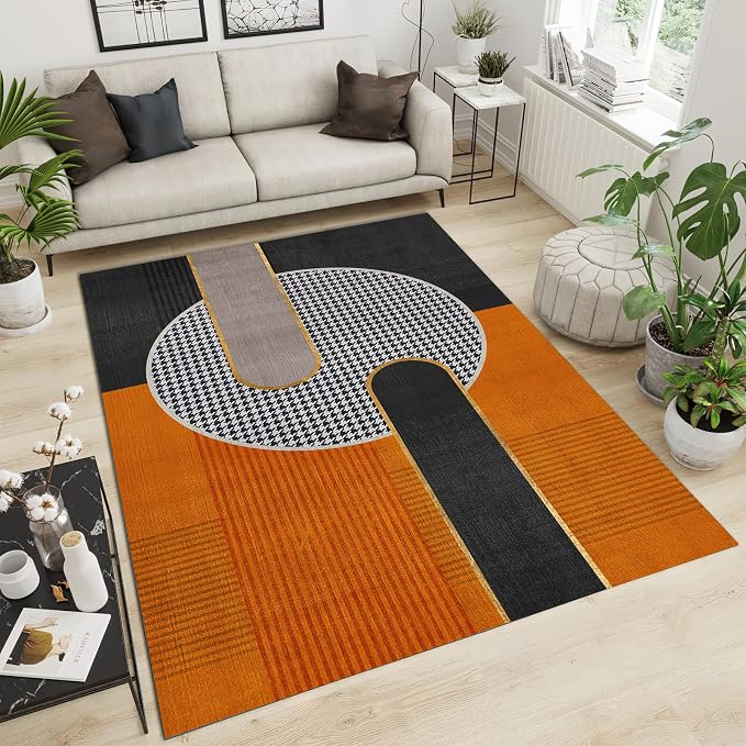 Luxury Orange Black Geometry Area Rug, Modern Style Non Slip Decorative Rugs, Breathable Durable Carpet for Indoor Bedroom Living Room Sofa Office Floor Rug - 5 ft x 8 ft