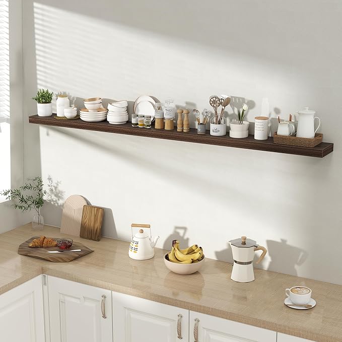 72 Inch Floating Shelves for Wall 1 Pack, 72" Wall Shelves for Books, Storage, Decor, Wall Mounted Floating Shelf with Invisible Brackets for Kitchen, Living Room, Walnut